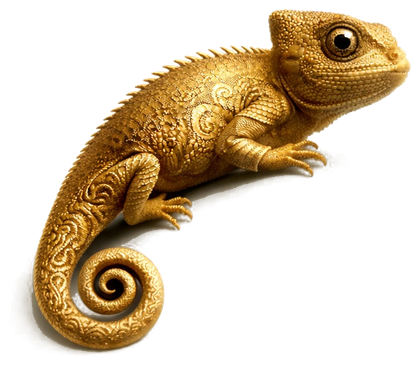 Escultura de camaleão dourado, símbolo da marca Camarleon Eventos