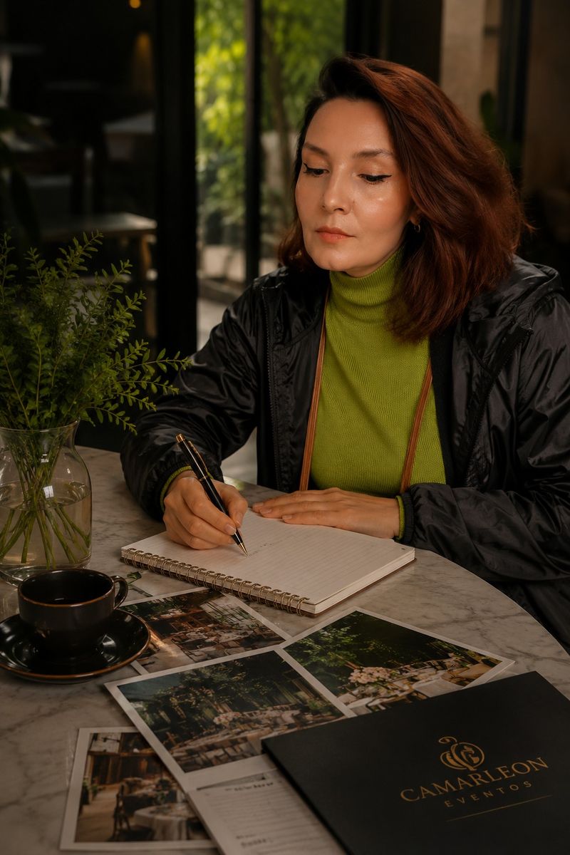 Silmara Teixeira Camargo planejando um evento, com anotações e o portfólio da Camarleon Eventos sobre a mesa